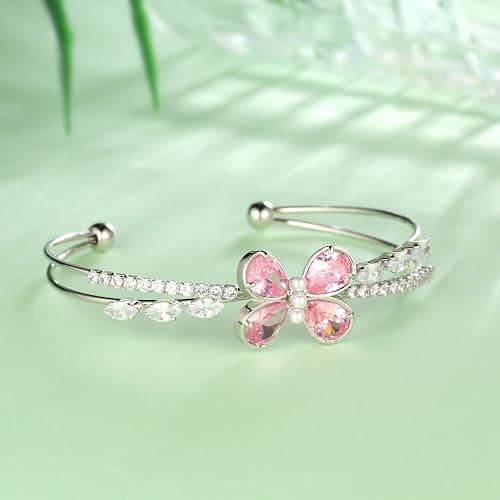 Ydou Butterfly Adjustable Bracelet with Pink Birthstone Sillver/18K Gold Plated Open Cuff Bangle Jewelry for Women CB0013 thumbnail 3