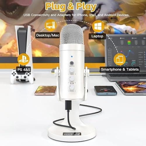 ZealSound USB Microphone,Quick Mute Noise Cancel for Phone Computer PC PS5,Gaming Microphone with Gain Control,Echo Monitor Volume Adjust for Streaming Vocal Recording ASMR Podcast Video K66 White thumbnail 2