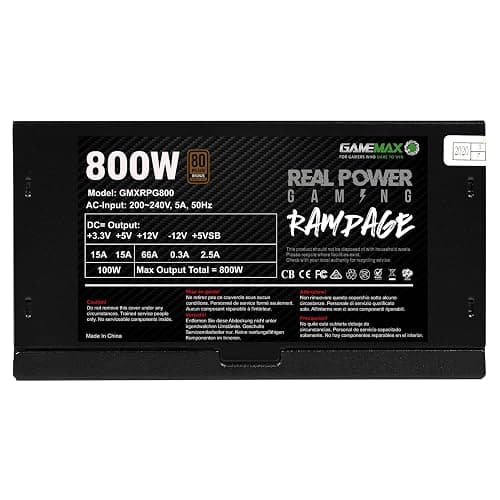 GameMax 800W Rampage Power Supply, Non-Modular, APFC, Japanese Tk Main Capacitor, 80 Plus Bronze, 88% Efficiency, 14cm Cooling Fan, Real Power Gaming | Black thumbnail 11