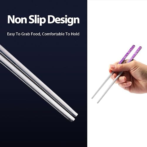 Peony and Butterfly Chopsticks Metal Chopsticks Reusable Designed in Korea Japanese Style Stainless Steel 316 18/10 Non-Slip Dishwasher Safe Laser Etched 2 Pairs Purple thumbnail 6