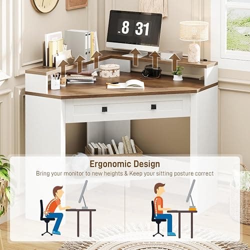 Corner Desk, Triangle Computer Desk Home Office Workstation with Drawer and Monitor Stand for Small Spaces Farmhouse Corner Vanity Table for Bedroom Study, Living Room (Rustic White and Brown) thumbnail 5