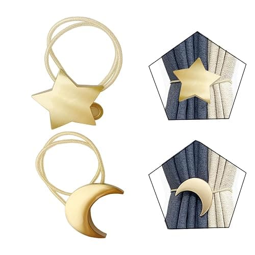 Magnetic Curtain Tiebacks Clips Decorative Rope Holdbacks 1 Pair Gold Moon and Star Shape Window Curtain Drape Tie Backs for Window Draperies Hold, Bedroom Home Décor (1pc Moon +1pc Star) - Image 1