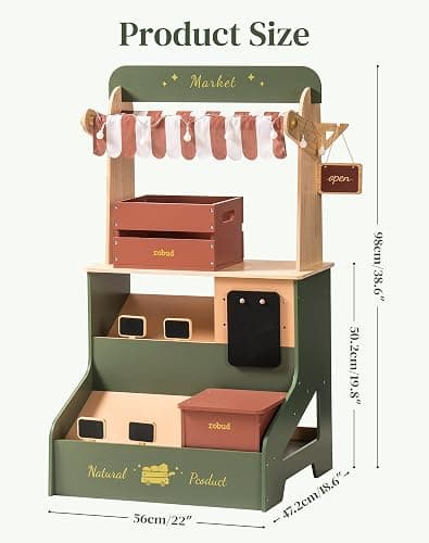 ROBUD Pretend Play Grocery Store with Lights, Supermarket Playset for Kids, Interactive Wooden Play Market Stand, Gift for 3+ Kids Boys Girls (Vintage Green) thumbnail 2