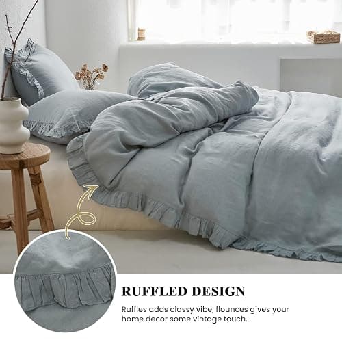 Simple&Opulence 100% Linen Duvet Cover Set, 3 PCS Natural French Flax Dusty Blue Ruffle Duvet Cover Queen Size, Breathable Comfy Linen Bedding Comforter Cover with 2 Pillowcases(Dusty Blue, 88" X 92") thumbnail 6