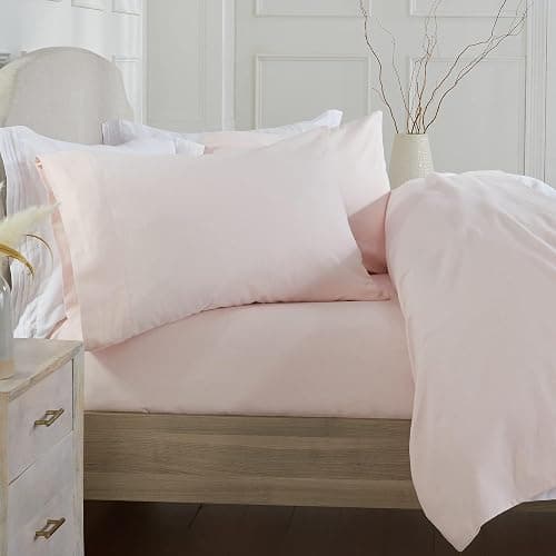Market & Place 100% Turkish Cotton Flannel Sheet Set | 4 Piece Deep Pocket Solid Cozy Winter Bed Sheets | Double Brushed for Extra Softness & Comfort | Chalet Collection (Full, Blush Pink) - Image 1