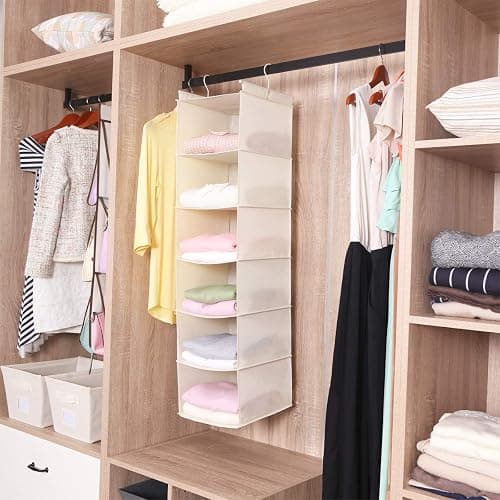 MAX Houser 6 Tier Shelf Hanging Closet Organizer, Cloth Hanging Shelf with 2 Sturdy Hooks for Storage, Foldable (Beige) - Beige thumbnail 7