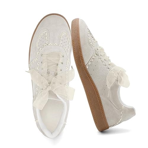 UBWDU Lace Fashion Ballet Sneakers for Women 2025 – Trendy Cute Crochet Ribbon Lace-Up Casual Spring Shoes - 8.5 - Beige - Image 1