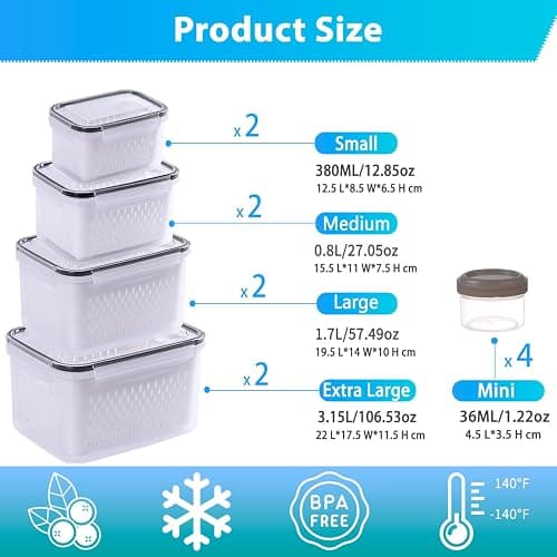 Pure Future 24-Piece Set (12-Pack) Fruit & Food Storage Containers for Fridge with Removable Colanders - Airtight Produce Saver, Organizers, BPA-Free, Freezer/Microwave Safe thumbnail 4