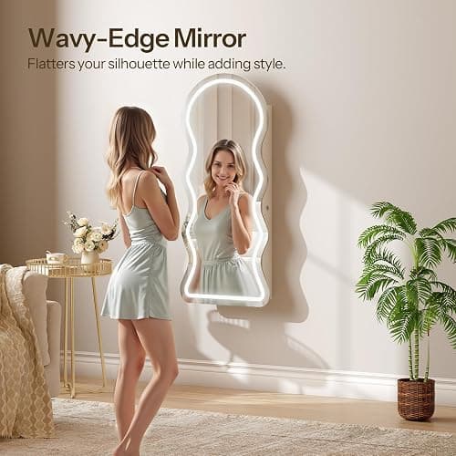 HOOBRO LED Mirror Jewelry Cabinet, Wall/Door Mounted Jewelry Organizer, Jewelry Aromire with Wavy Mirror Full Length, Lockable Jewelry Storage Cabinet, Interior Mirror, 16.5" x 4.1" x 43.3", White thumbnail 3