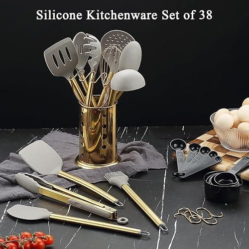 Gold Kitchen Utensils Set, Kyraton 38 Pieces Non-Stick Silicone Cooking Utensils Set, Spoon Spatula Set with Sturdy Stainless Steel Utensil Holder, Dishwasher Safe thumbnail 2