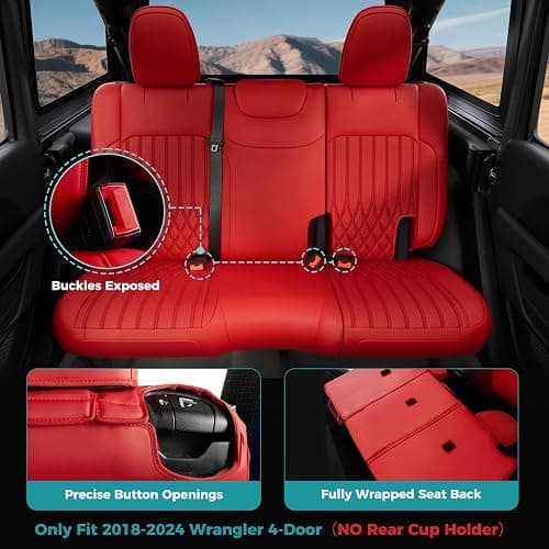 FEINEPRO for Jeep Wrangler Seat Covers 4 Door JL 2026 2025 2024 2023 2022 2021 2020 2019 2018 Custom Seat Cover Full Set Faux Leather Without Rear Cup Holder - Red thumbnail 4