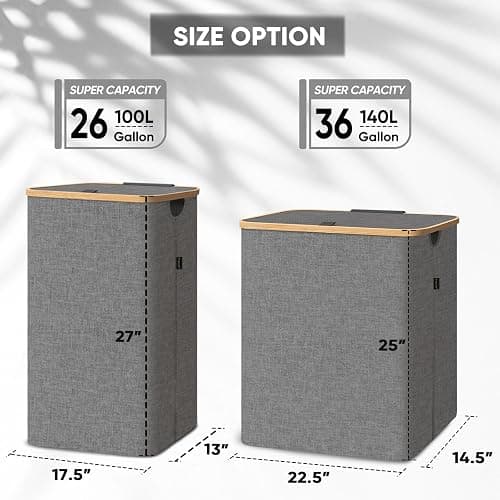 BALEINE Laundry Hamper with Lid, Tall Laundry Baskets with Bamboo Pull Handles, Large Laundry Bin with Internal Support (26 Gal/100L, Grey) - 26 Gal/100L - Grey thumbnail 4