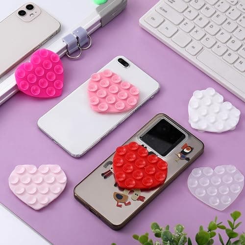 Teenyyou 6 Pcs Heart Suction Phone Grip, Silicone Suction Phone Case Sticky Mount Double Sided Hands-Free for Selfies Videos Mobile Devices Mirror Glass(Pink Series) thumbnail 3