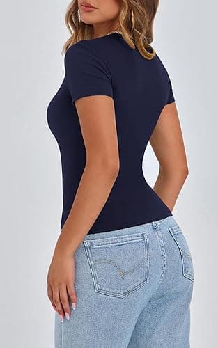 PRETTYGARDEN Women's Short Sleeve Summer Tops 2025 Trendy Ribbed Knit Button Up Tight Basic Tees Shirts Going Out Y2K Clothes thumbnail 6