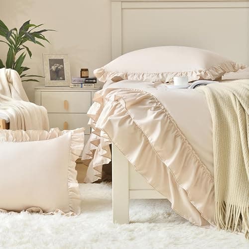 Cupocupa Beige Queen Comforter Set, 3Pcs Comforters Queen Size Ruffle Farmhouse Bedding Sets Queen with Comforter, Lightweight Soft Shabby Chic Bedding Comforter Set Fluffy for All Season - Queen - Beige thumbnail 7