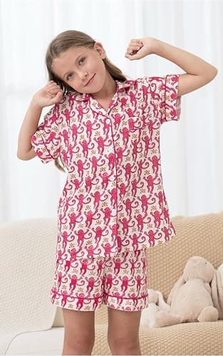 SLPTIMISO Girls Summer Outfit,Kids 2 Piece Button Down Monkey Loungewear Beach Shorts Set Preppy Animals Lounge Pjs thumbnail 4