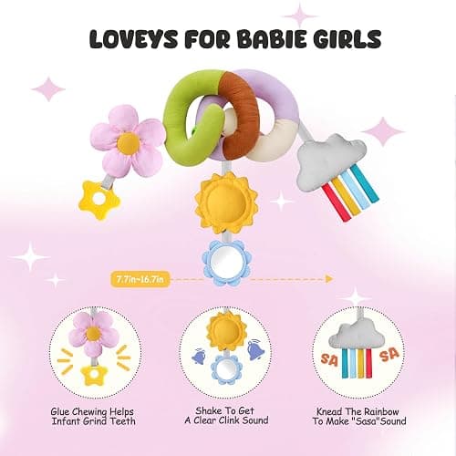 Stuffed Christmas Spiral Baby Car Seat Toys, Best Newborn Shower Gifts, Soft Infant Essentials Must Have Hanging Toys (Vibrant Nature) thumbnail 4
