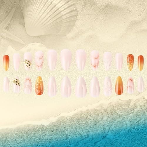 Flower Press on Nails Medium Almond SWEKKE Handmade Fake Nails 3D Orange False Nails with Floral Shell Designs Glossy Glue on Nails Summer Acrylic Nails for Women Girls 24 Pcs thumbnail 6