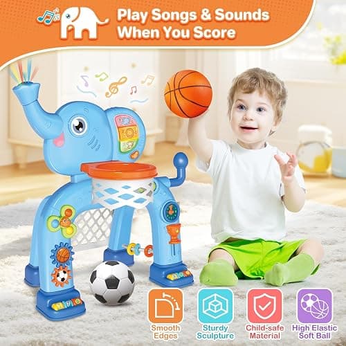 SpringFlower Toddler Basketball Hoop & Soccer Goal Activity Center Toys with Light & Music,Elephant Toddlers Musical Toys Gift, Baby & Toddlers Christmas Birthday Gift for 1 2 3 Year Old Boys & Girls - Blue thumbnail 6