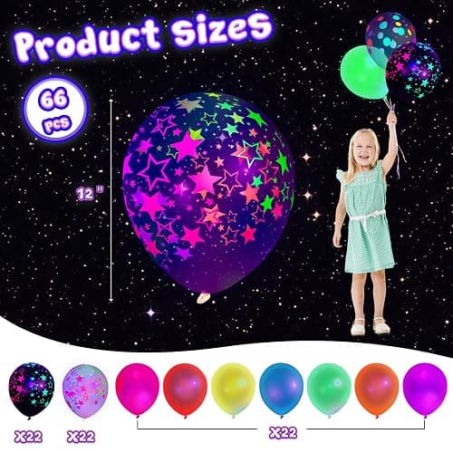 LovesTown 66PCS UV Neon Balloons Assorted, Glow Party Latex Balloons 12" Fluorescent Balloons with Stars for Birthday Wedding Glow Party Supplies thumbnail 2