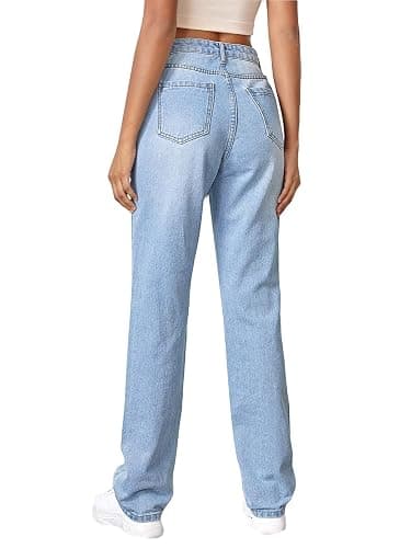 SweatyRocks Women's Ripped Straight Leg Jeans High Waist Distressed Cutout Denim Pants thumbnail 2