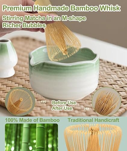 JBER Matcha Set, Matcha Whisk Set 7 Pcs - Bamboo Matcha Whisk, Ceramic Bowl with Spout & Whisk Holder, Sifter, Bamboo Scoop & Holder - Complete Matcha Kit Gift for Matcha Lovers, Gradient Light Green thumbnail 4