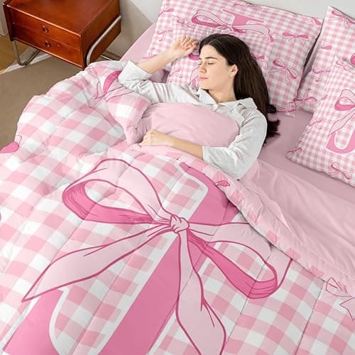 Feelyou Pink Bow Comforter Set with Sheets 7 Piece Full Size Cute Checkered Bowknot Bedding Set for Kids Boys Girls Personalized Initial J Bed in a Bag Room Decor Soft Lightweight Microfiber thumbnail 7