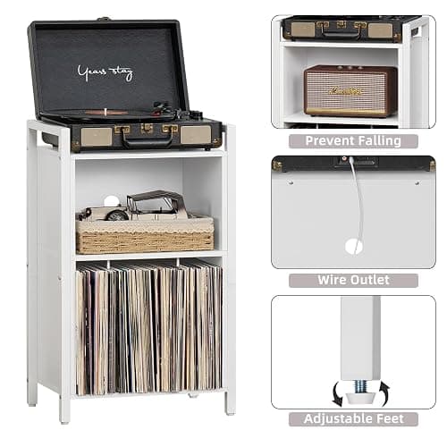 YAHARBO Record Player Stand, 3-Shelf Vinyl Record Holder with Storage, White Record Stand, Vintage Turntable Stand Holds Up to 100 Albums,Record Table with Handle for Living Room,Bedroom thumbnail 5