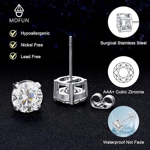 MDFUN Titanium Stud Earrings Set Hypoallergenic Cubic Zirconia Round Surgical Stainless Steel 4 Prong Stud Earring Jewelry for Women Men 3-8mm thumbnail 5