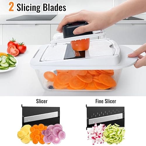 Ukeetap 8-Blade Cook Tool & Gadget Sets, Chopper Slicer Grater Set, White | Vegetable Chopper Mandoline Slicer Food Grater with Container for Onion, Veggie Salad thumbnail 6