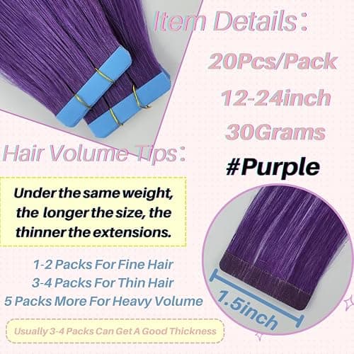 Purple Tape in Hair Extensions Human Hair 24 Inch Invisible Thick Ends Tape in Colored Remy Hair Extensions for Girls - 24 Inch-20pcs-30 Gram - #Purple thumbnail 3
