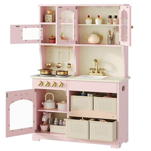 knoworld Play Kitchen for Kids, Wooden Toy Kitchen Set with Smart Storage & Accessories, Toddler Kitchen Playset with Stove & Oven, Pretend Play Set, Gift for Ages 3+, Pink thumbnail 3