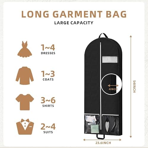 54" Garment Bags for Travel and Storage, Travel Suit Bags for Men Women with 2 Clear Pockets, Storage bags for Clothes, Suits, Dress, Shirts, Coats (Black) thumbnail 2
