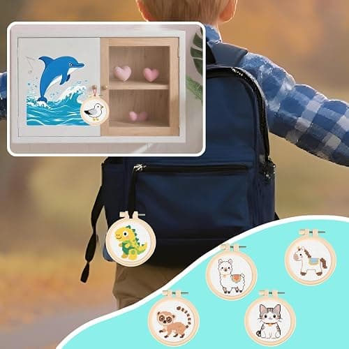 57lilina Easy Embroidery Kit for Kids Beginners, 6 Set Cute Stamped Pattern | Pre Printed Cross Stitch Kits for Kids, DIY Needlepoint Sewing Craft for Backpack Charms, Keychains & Girls Gifts thumbnail 7