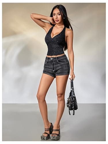 MakeMeChic Women's Sparkly Halter Tops Y2k Backless Deep V Neck Rave Crop Tops thumbnail 5