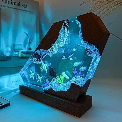 Orca Ocean Resin Lamp, Handmade Wooden Table Resin Night Light, USB Port Art Ornaments for Home Office Decor, Scuba Diver Gifts for Holiday, Unique Birthday Gifts for Mom Grandma Brother Sister thumbnail 7
