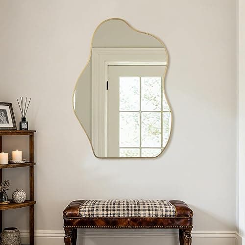 Irregular Asymmetrical Wall Mirror, 36x24 Inch Gold Bathroom Mirror | HD Tempered Glass, Decorative Wall Mirror Golden Wood Framed Mirror for Bathroom Living Room Entryway Bedroom Hallway thumbnail 4