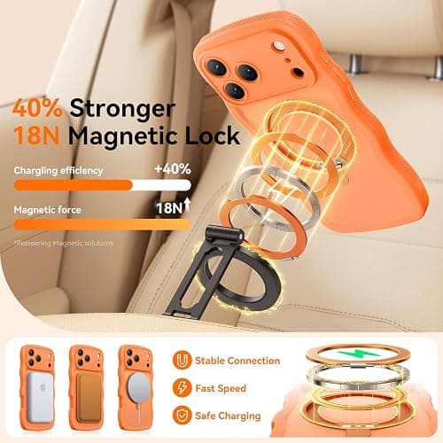 360° Spin Magnetic Stand for iPhone 17 Pro Case for Women Girls, Upgraded [Full Camera Protection, Fit for MagSafe, Cute Wave Non-Slip Phone Case for iPhone 17 Pro, Official Cosmic Orange thumbnail 5