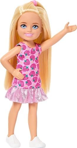 Barbie Club Chelsea Small Doll, 6-Inch with Blonde Hair Wearing Removable Strawberry-Print Dress & Shoes thumbnail 4