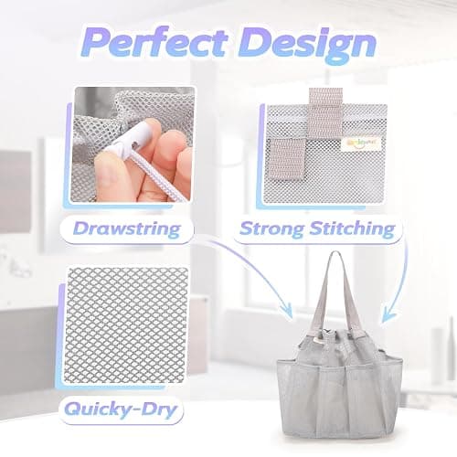 famichan Mesh Shower Caddy Portable with Drawstring, Dorm Room Essentials for College Students, Grey Shower Bag for Camping,Swimming,Gym,Travel,Bathroom thumbnail 5