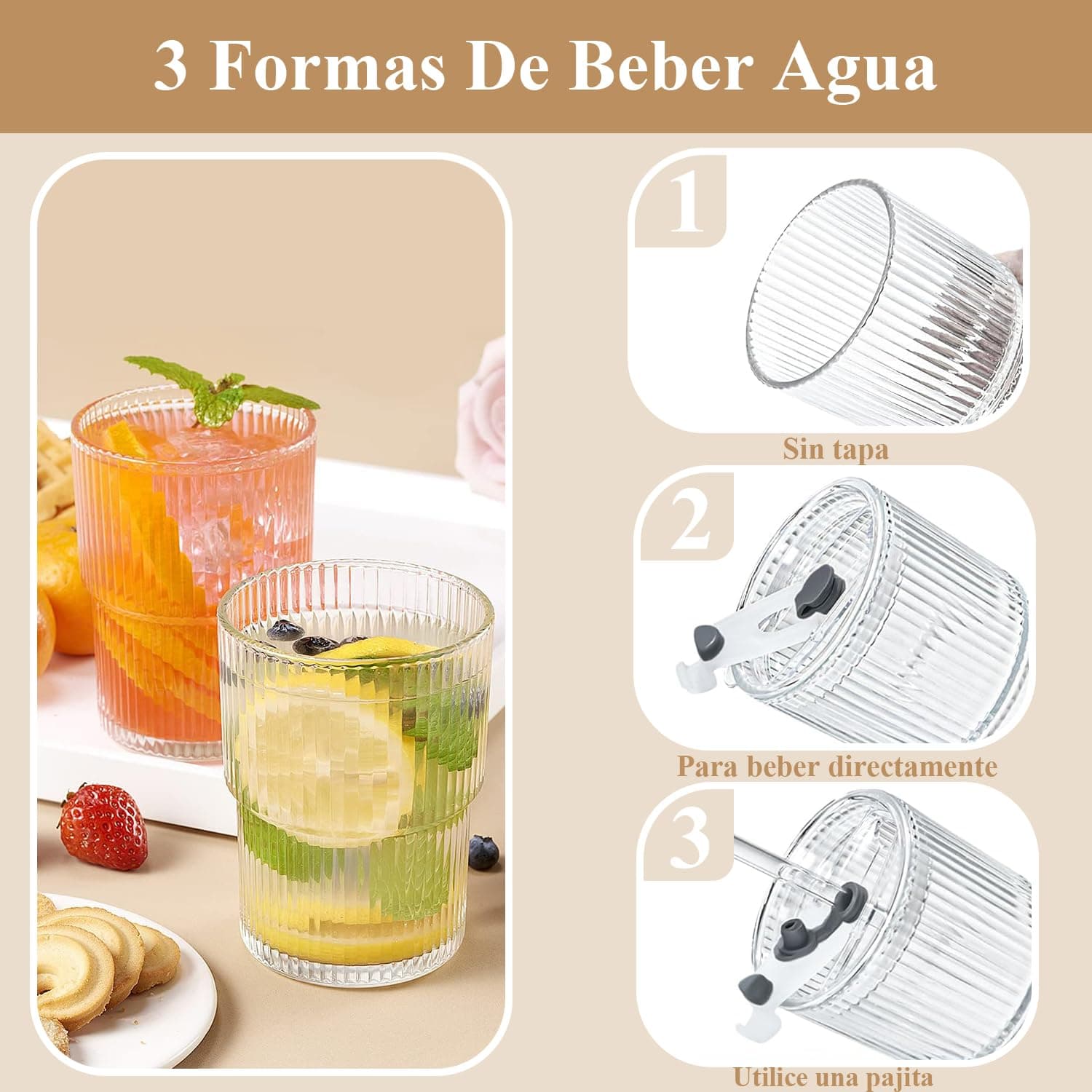 2 Pcs Taza de vidrio con Tapa y Pajita,Juego de Tazas de Café de 400ML,Juego Moderno de Taza de Café Exquisita,Apto Tanto para Frío Como para Calor para Cerveza,Whisky,Capuchino,Té,Leche,Cola thumbnail 6