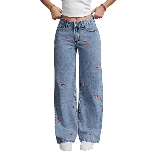 Gold Toucher Women Casual Cute Cherry Denim Pant Y2K Sweet Wide Leg Jeans - Image 1