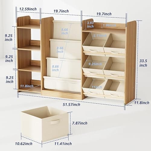 Kids Bookshelf and Toy Storage with 7 Removable Bins, 51 inch, Burlywood | Baby Bookshelf and Toy Organizer, Kids Bookcase, Large Toy Storage with 4-Tier Book Shelf for Kid Room, Playroom, Classroom thumbnail 2