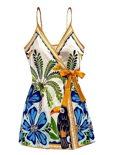 SOLY HUX Women's Tropical Print Mini Dress Summer Wrap V Neck Bow Tie Vacation Dresses - Image 1