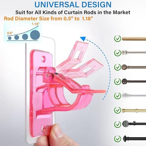 6-Pack No Drill Needed Curtain Rod Holders Brackets, Self Adhesive Rods Holder Hooks, Multipurpose Nail-Free Stick on Curtain Rod Hooks-Transparent Berry Pink thumbnail 3