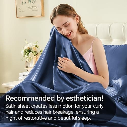 BEDELITE Satin Sheets Queen Size Bed Set, Luxury Soft Navy Silky Sheets for Hair and Skin, Similar to Silk Bed Sheets Set 4 Pieces （1 Deep Pocket Fitted Sheet, 1 Flat Sheet, and 2 Pillowcases） thumbnail 4