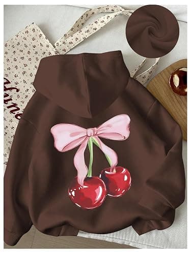 WDIRARA Girl's Cherry Graphic Hoodie Long Sleeve Hooded Sweatshirt Cute Pullovers Tops thumbnail 4