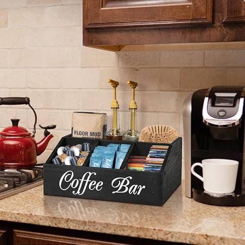 ugiftt Coffee Station Organizer for Counter, Wood Coffee Pods Holder Storage Basket, Tea Condiment Storage Organizer, Rustic Bar Decor for Accessories Organizer thumbnail 2