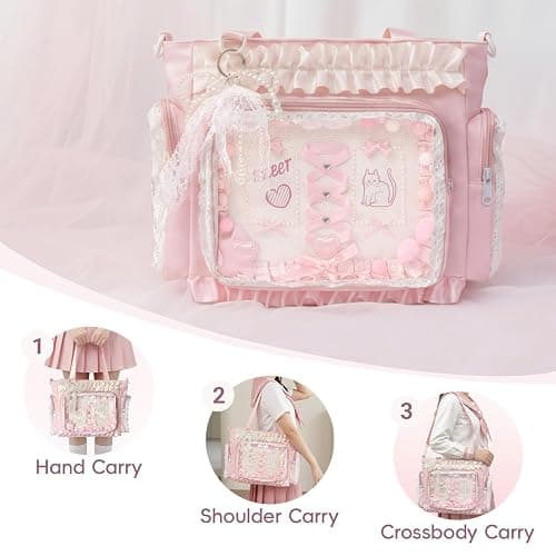 Ita Bag with DIY Accessory Kit - Clear Window Y2K Kawaii Lace Crossbody Bag with Display Insert for Pins & Button Badges thumbnail 4