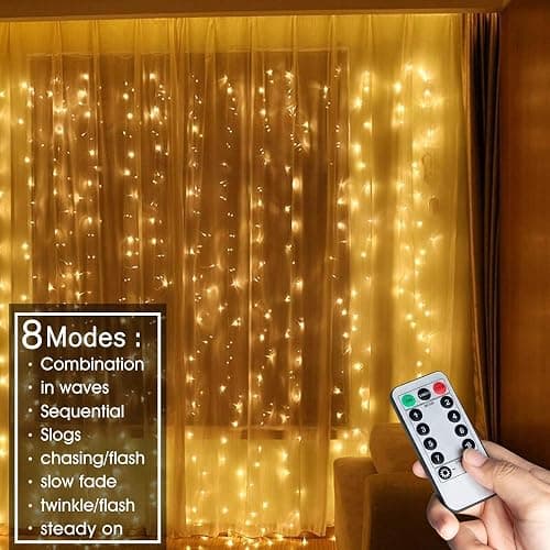 Unihoh Curtain Lights, Fairy Lights for Bedroom, 300 LEDs Warm White Twinkle Lights W/ 8 Modes USB Powered, Icicle String Lights W/ Remote & Timer for Indoor Xmas Party Patio Decoration(9.8 x 9.8 Ft) thumbnail 2